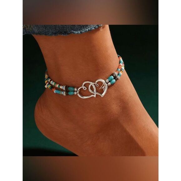 Free People Jewelry - Double Heart Beaded Anklet M748